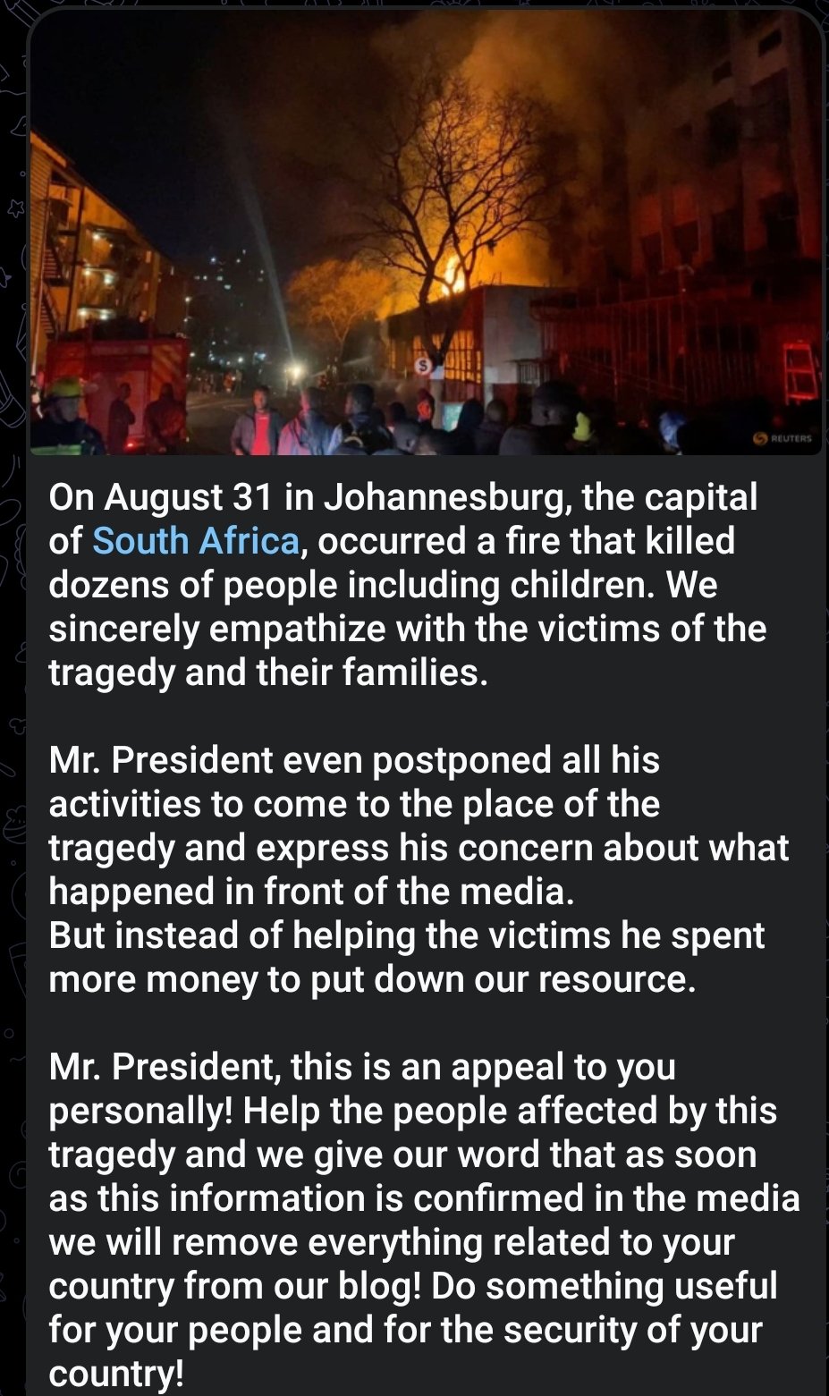Ransomware attack on South Africa, Johannesburg Fire Tragedy