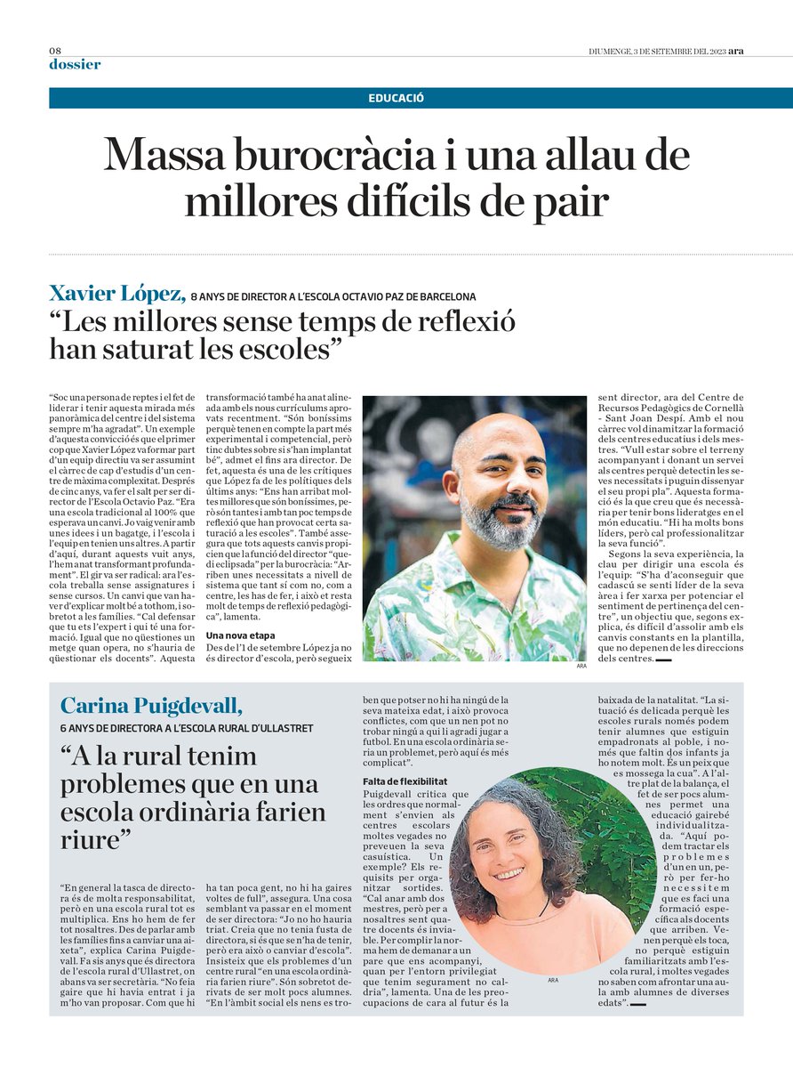 xlopez80's tweet photo. 🗞️Avui @dianasilva_f del @diariARA en fa ressò de la gran tasca que els líders pedagògics fem als centres i als serveis educatius.  
Alhora posa en evidència que l'urgent (tasques tècniques i burocràtiques) no sol ser el més important (reflexió, debat i formació). Pensem-hi! https://t.co/6Krdr2NJ1P