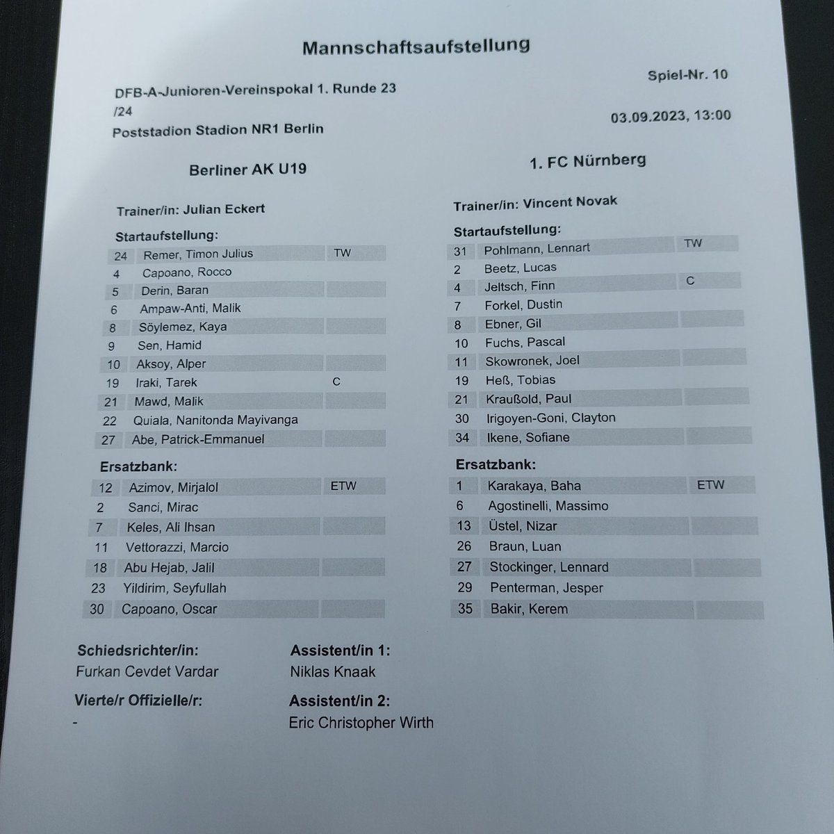 eggebr1's tweet photo. Die Mannschaftsaufstellung für das Spiel um den DFB A Jugend Vereinspokal des @BerlinerAK07 gegen @1_fc_nuernberg https://t.co/uZGmkhiBVo