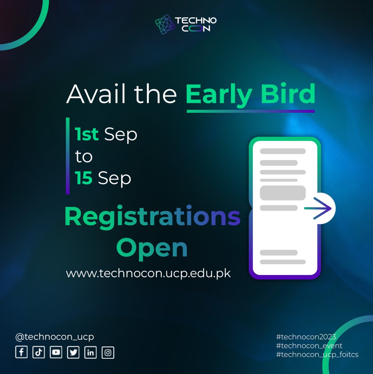 Technocon_ucp's tweet photo. Early Bird Registrations

🎉 Rise and shine, tech enthusiasts! 🌄
Don't miss the chance – be an early bird and catch the best deals for TechnoCon 2023! 🚀
Registrations are officially OPEN! Secure Your Spot Ahead of the Flock! 🕊️

#EarlyBirdRegistration #Technocon23 #TechEvent https://t.co/zHulLnuNrr