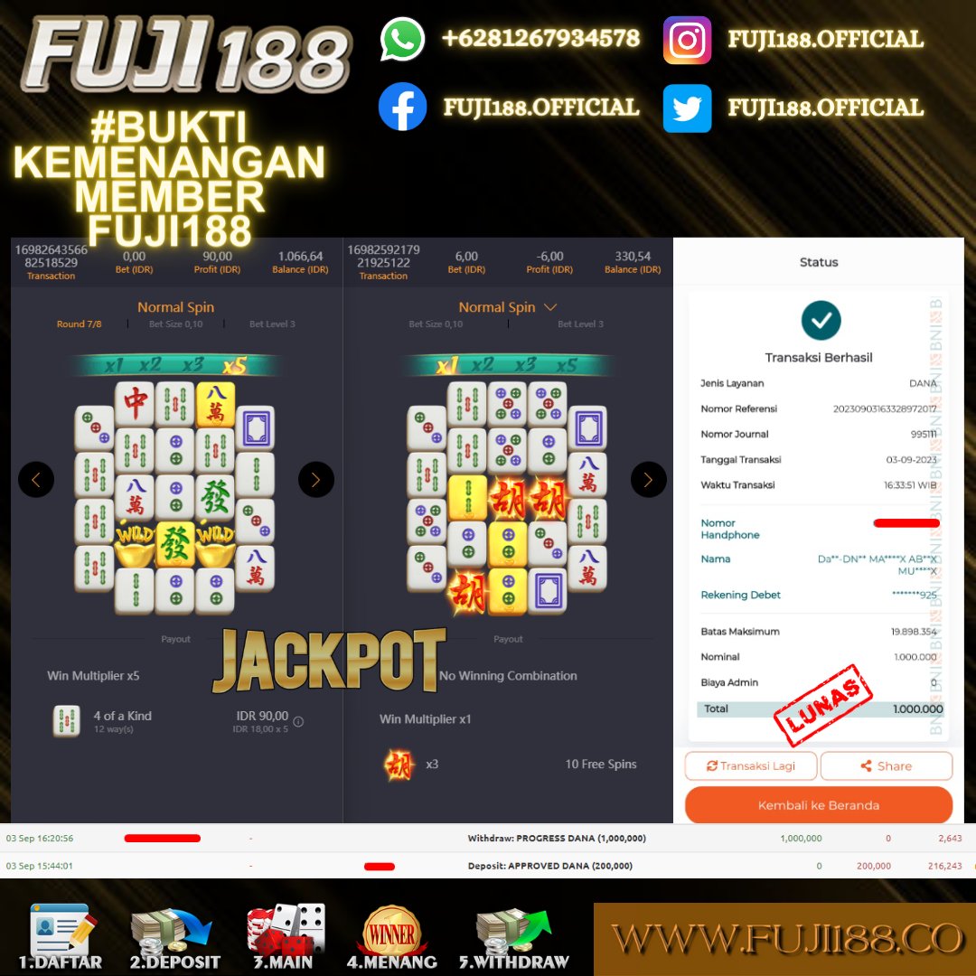 FFuji188's tweet photo. β
Selamat Atas Kemenangan M*****i
πΈ Deposit : 200.000
π° Withdraw : 1.000.000
π» Stakes : 6.000 RIBU
π Provider : PG SOFT
ποΈ GAMES : MAHJONG WAYS2
π User ID : M*****i
#kulinertiktok #fypage #rianarifin03 #pastifyp #lokerbatam #loker2023 #batamcity #ArmyFootball https://t.co/EdwWeKcGjh