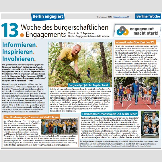 #OTD 8. bis 17 September | WOCHE DES BÜRGERSCHAFTLICHEN ENGAGEMENTS - in Berlin zum 13. Mal ➔ berliner-woche.de/prenzlauer-ber…

#MenschenEntwickelnEngagement #Ems2023 via <a href="/berlinerwoche/">Berliner Woche</a>