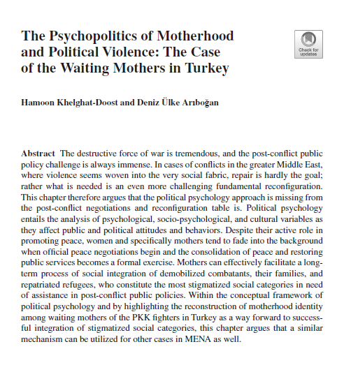 HamoonKhD's tweet photo. In my chapter with @DenizUlke, we explore the reconstruction of #motherhood #identity among waiting mothers of the #PKK fighters in #Turkey. It outlines a way forward to successful #integration of #stigmatized social categories.
https://t.co/Ogs0N4pcHA https://t.co/PtDwC15mwZ
