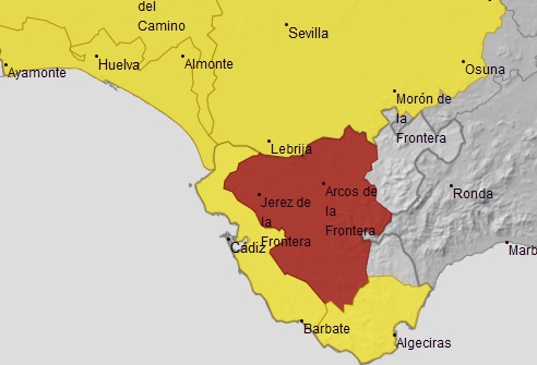 🔴 ¡Atención! Activado el aviso rojo por lluvias en la Campiña de #Cádiz hasta las 15.00 horas ➡️ Se esperan precipitaciones acumuladas de hasta 120 litros por metro cuadrado en 12 horas. Este dato puede aumentar en las próximas horas, y extenderse a otras zonas de la campiña