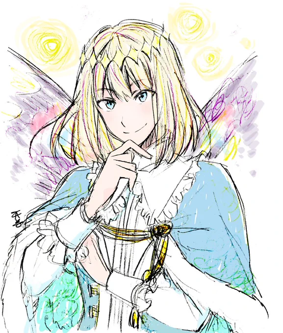 この初めて描いたオベロンはもともと色鉛筆で塗ってから取り込んだ後に、上からデジタルで色を塗ったものです。未だにアナログ絵のきれいな取り込み方がよくわからない。 