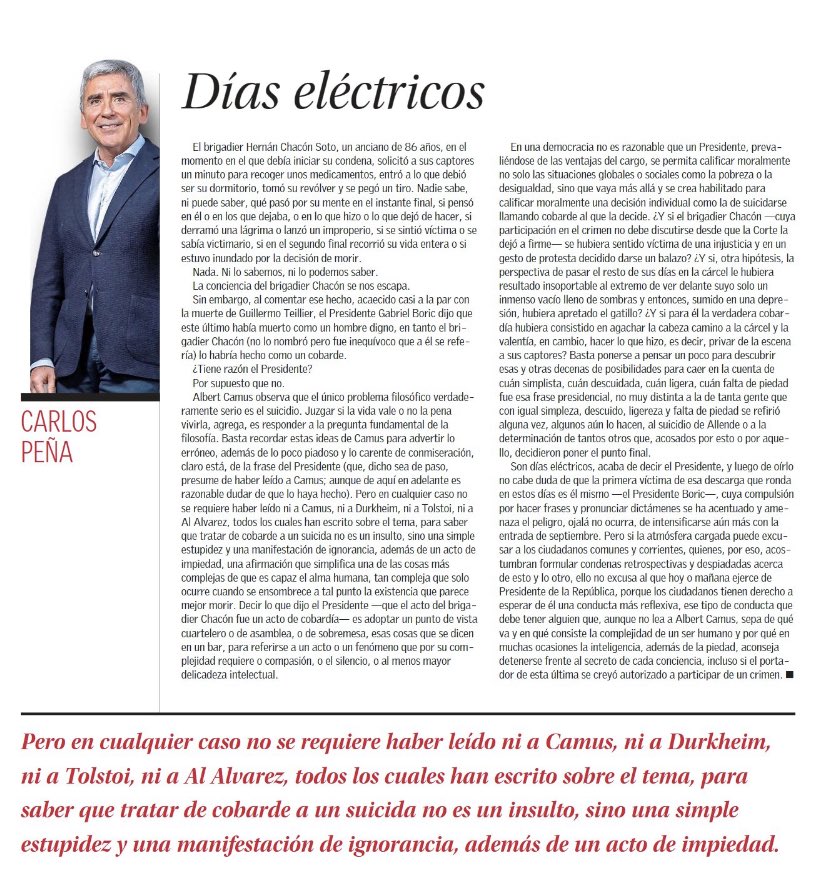 Durísima columna de Carlos Peña en ⁦@ElMercurio_cl⁩ a propósito de lo dicho por el presidente Boric