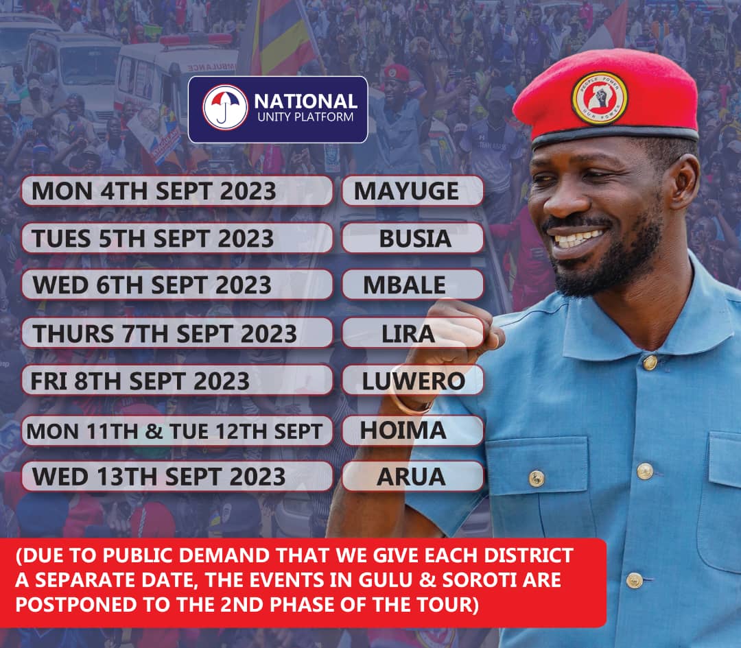 HEBobiwine's tweet photo. The #NUPCountryWideTour is still on. We begin next week with Mayuge. 

We had initially planned to be in more than one district on Wednesday and Thursday, but due to public demand that we give a day to each district, we are postponing Soroti and Gulu to the next phase of our tour which will be announced soon. 

#PeoplePowerOurPower