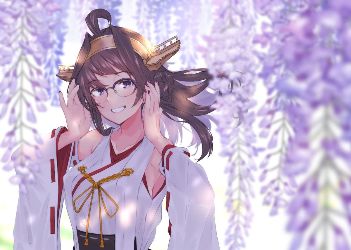 kongou (kancolle) 1girl solo glasses long hair brown hair ahoge hair bun  illustration images