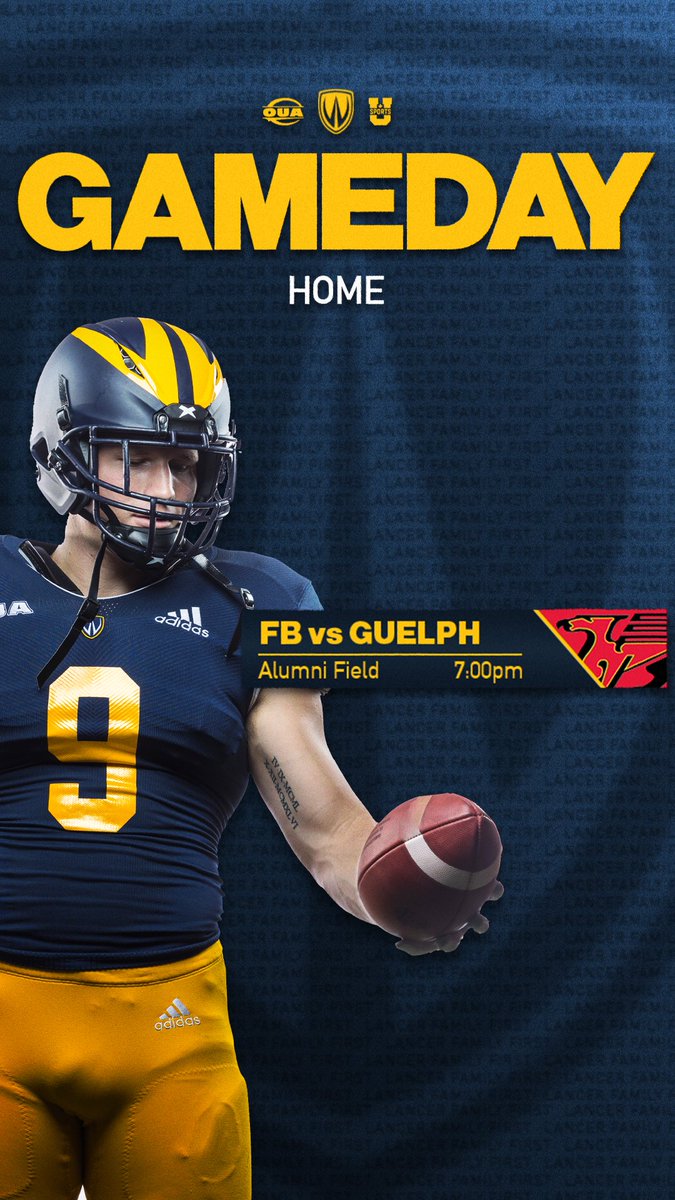 GAME DAY!! Lancer 🏈 home opener is TONIGHT under the lights!! 🌉 🗓️Sept 3rd 🆚 @guelph_gryphons 🕖 7:00pm 📍Alumni Stadium 🎟️ goLancers.ca/tickets 📺 OUA.tv & @yourtvwindsor See you there! #LancerFamilyFirst #HomeOpener @UWLancerFB