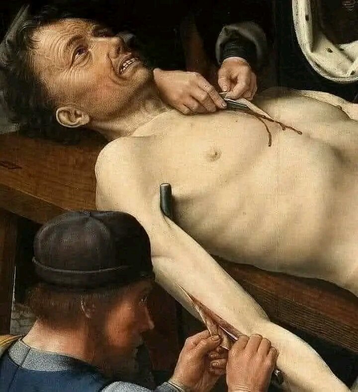 This painting was made in 16th Century 
Showing how a corrupt judge was skinned alive, His name is Siamese, Siamese was a corrupt royal judge in the year 500 BC at the time of Cambyses II of Persian empire.... 

It was discovered that he took a bribe and passed an unfair