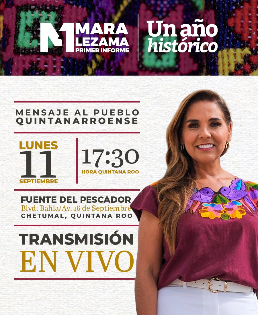 Amigas y amigos de #QuintanaRoo, l@s invito a mi Primer Informe de Gobierno, hagamos junt@s el recuento de un #AñoHistórico. L@s espero el próximo 11 de septiembre en punto de las 5:30 pm, frente a la Fuente del Pescador en #Chetumal o bien a través de redes sociales.
