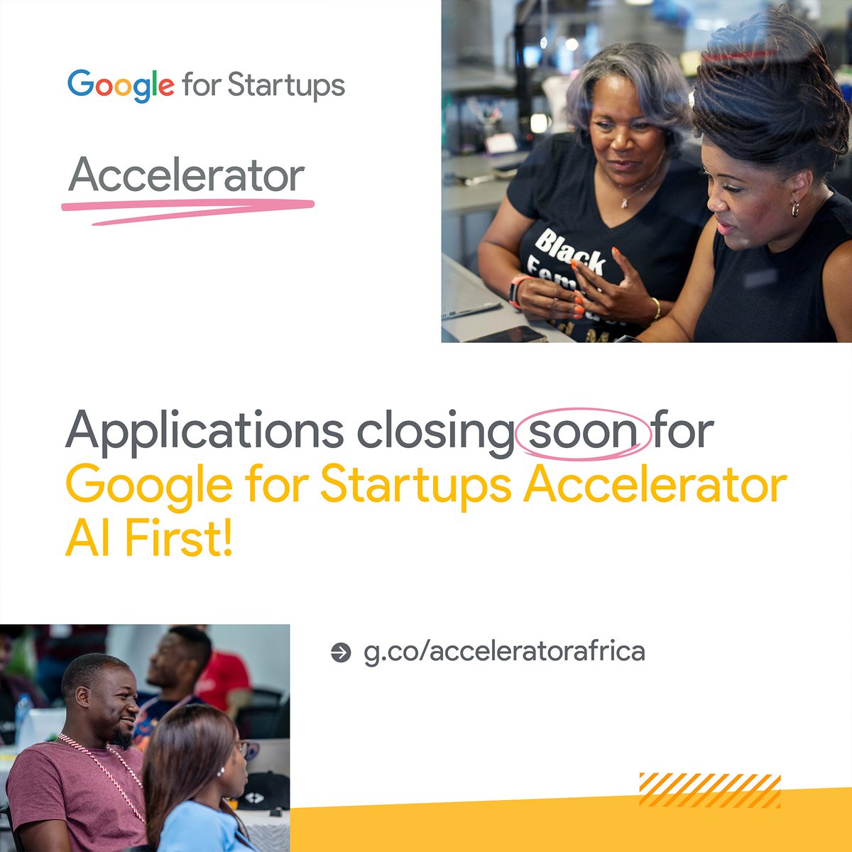 3 days left! 📢 We’re still accepting applications for the Google for Startups Accelerator: AI First program.
Apply today: g.co/acceleratorafr… 
#AcceleratedbyGoogle #AIFirstAfrica