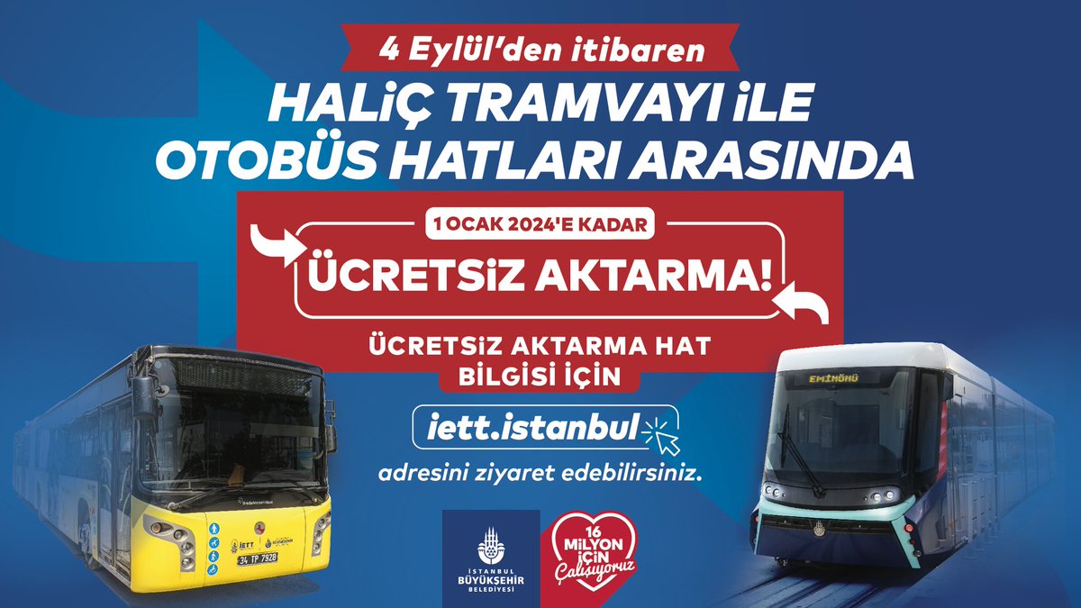 4 Eylül 2023 ile 1 Ocak 2024 tarihleri arasında T5 Eminönü-Alibeyköy Cep Otogarı Tramvay hattı ile otobüs hatlarımız arasında ücretsiz aktarma yapılabilecek. 

Detaylar için iett.istanbul adresimizi ziyaret edebilirsiniz. 🚌 

#İstanbulunMetrosu #GeleceğinRaylarda