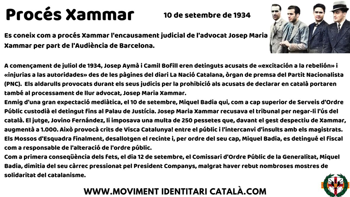 El 10 de setembre de 1934 va finalitzar el judici a l'advocat Josep Maria Xammar, el conegut com a " Procés Xammar". Miquel Badia, com a cap dels Mossos d'Esquadra va fer detenir al fiscal espanyol com a responsable de l'alteració de l'ordre públic.