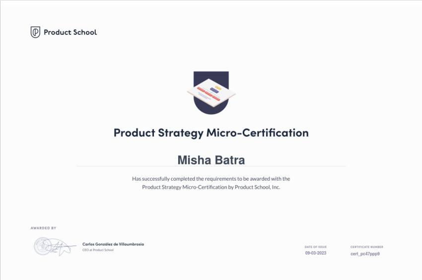 BatraMisha's tweet photo. I completed the Product Strategy Micro-Certification (PSC)™️ course by @productschool, gaining valuable insights into effective product strategies. Grateful for this experience, which helped me define clear visions, prioritize tasks, and measure outcomes. https://t.co/m4RGmERNS7