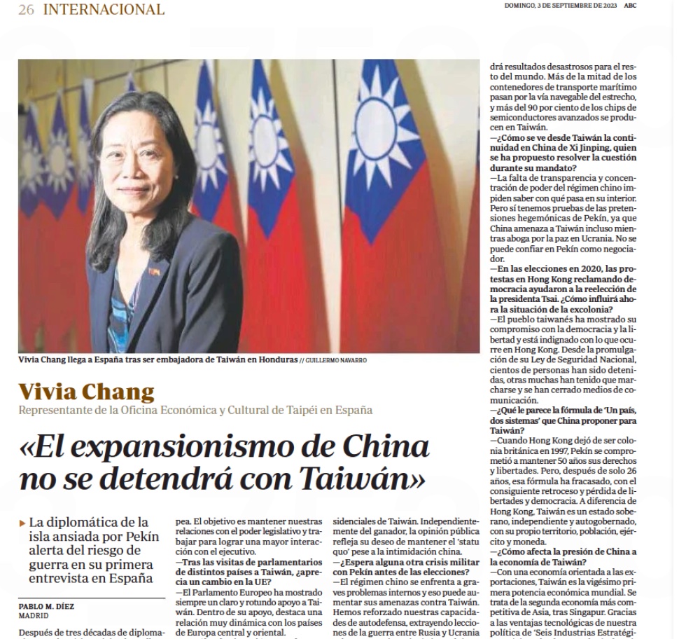Hoy, en <a href="/abckioskoymas/">ABC KIOSKO Y MAS</a>, entrevista a la nueva representante de #Taiwan en #España (<a href="/TWenEsp/">Taiwan en España</a>), Vivia Chang, quien alerta del peligro mundial de una guerra con #China por su reclamación de esta isla democrática e independiente 'de facto'.