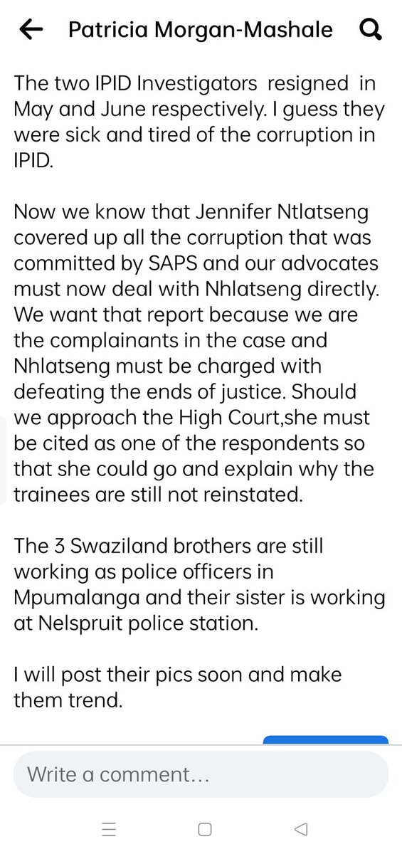 gpmdaviva's tweet photo. How the Exec Director of IPID, Jennifer Ntlatseng covered up the SAPS trainee corruption. Three brothers from Swaziland were enlisted in SAPS and the IPID investigators were about to arrest them when Ntlatseng removed them from the investigation bcz SAPS was going to be exposed https://t.co/PjQdWKMgmX
