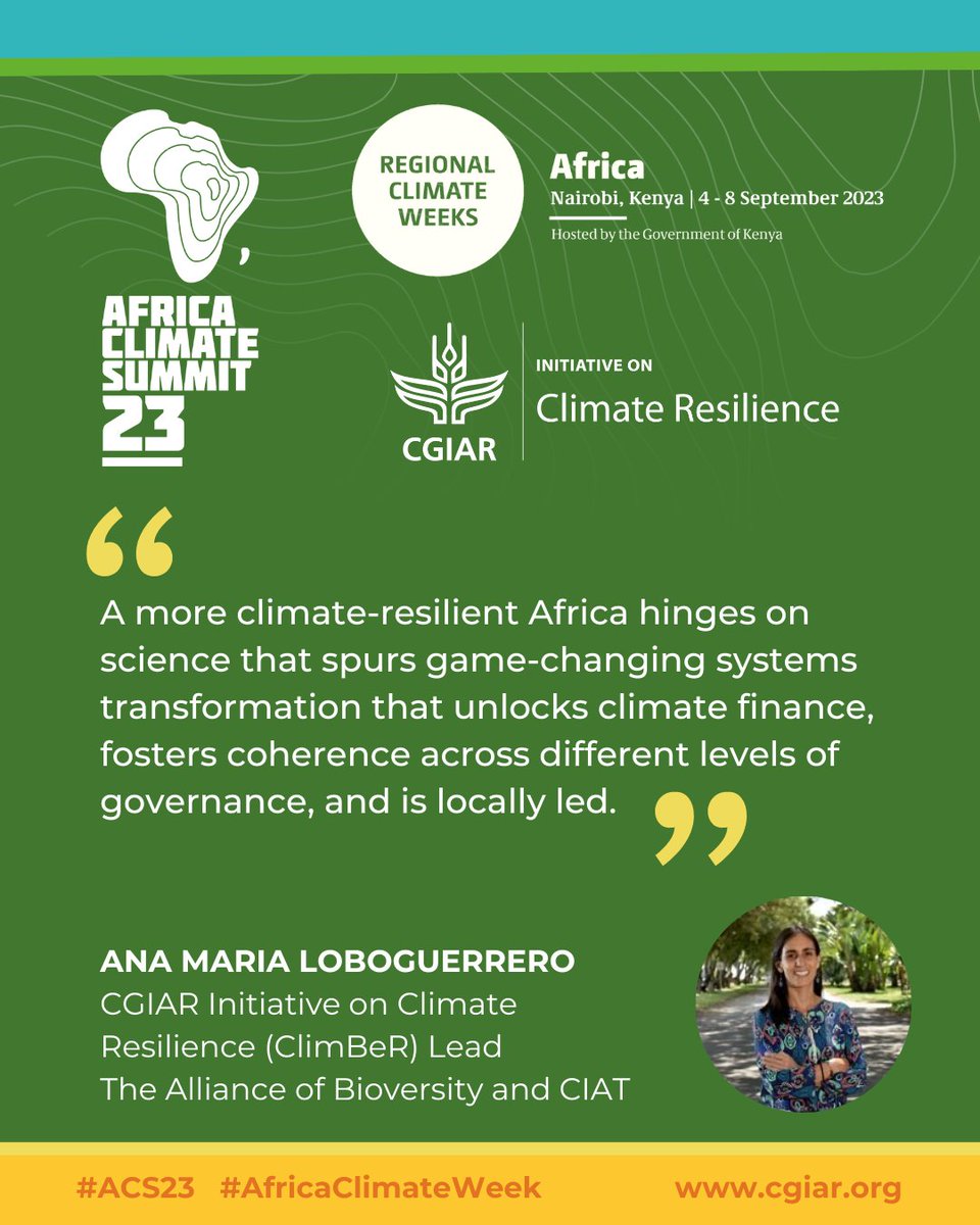 <a href="/CGIARclimate/">CGIAR Climate Action</a> #ClimBeR lead <a href="/amloboguerrero/">Ana M. Loboguerrero</a> is in Nairobi this week for exciting discussions at <a href="/AfClimateSummit/">Africa Climate Summit</a> &amp; #AfricaClimateWeek on how #ClimBeR science works towards a more climate resilient #Africa.
Check out the line-up of <a href="/CGIAR/">CGIAR</a> events here:
bit.ly/3P4tQ56