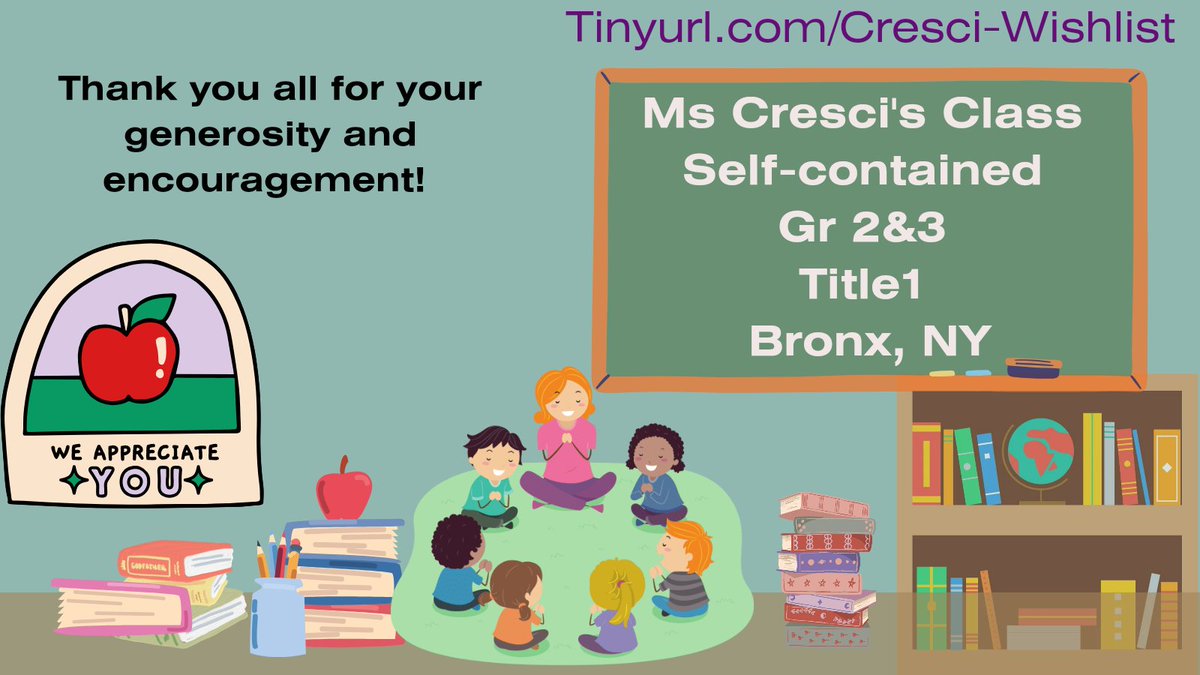 I'm so #grateful for everyone who has helped me & my #Students
Can you help clear my #AmazonWishList? 
#readalouds & finishing touches remain
Can't wait for an amazing #year17
#clearthelist #SpecialEducation #bronx #NYC #teachertwitter #neurodivergent 
🌟Tinyurl.com/Cresci-Wishlist