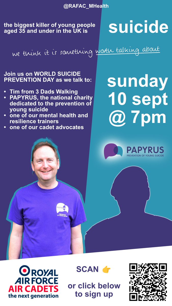10 September is #WorldSuicidePreventionDay. To mark the occasion, we're hosting a talk with guests Tim from @3dadswalking and @PAPYRUS_Charity, as well as a member of our training team and one of our cadet advocates.