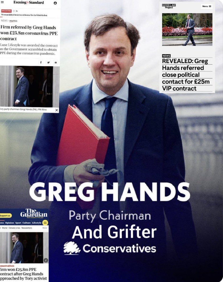 Kelltheblue's tweet photo. @GregHands @Conservatives Where is the taxpayers ยฃ25.8 million you sorted for your mate through the illegal VIP lane?
Grifters will grift - who would trust or vote @Conservatives with untrustworthy ๐ like you #HandsInTheTill in high office
#ToriesDevoidOfShame https://t.co/PhsfXVhsp0