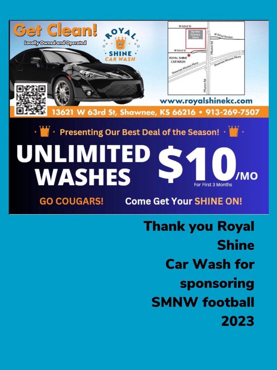 Help us give a shout out to #royalshine #carwash.  Thank you for supporting our 2023 #smnw #cougars #football ! #cleancar #fOURthquarter #TPW