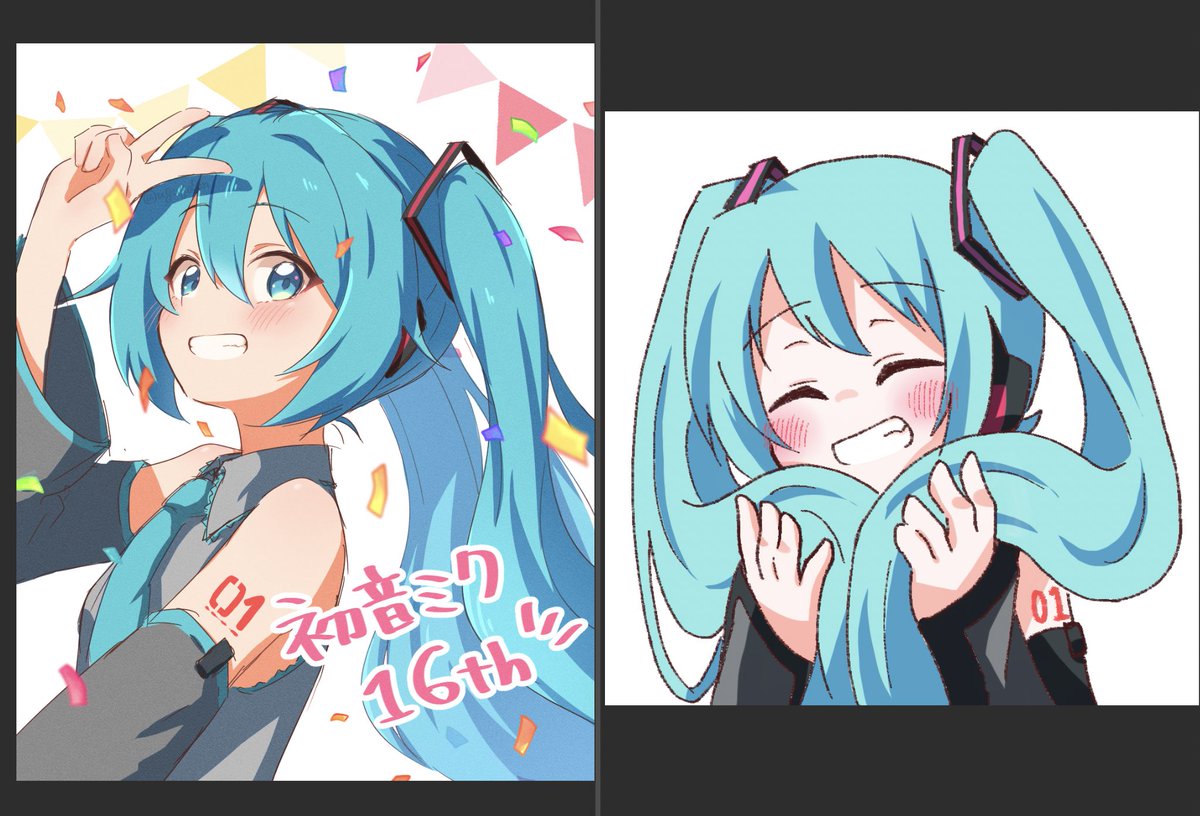 hatsune miku smile twintails long hair grin detached sleeves confetti closed eyes  illustration images