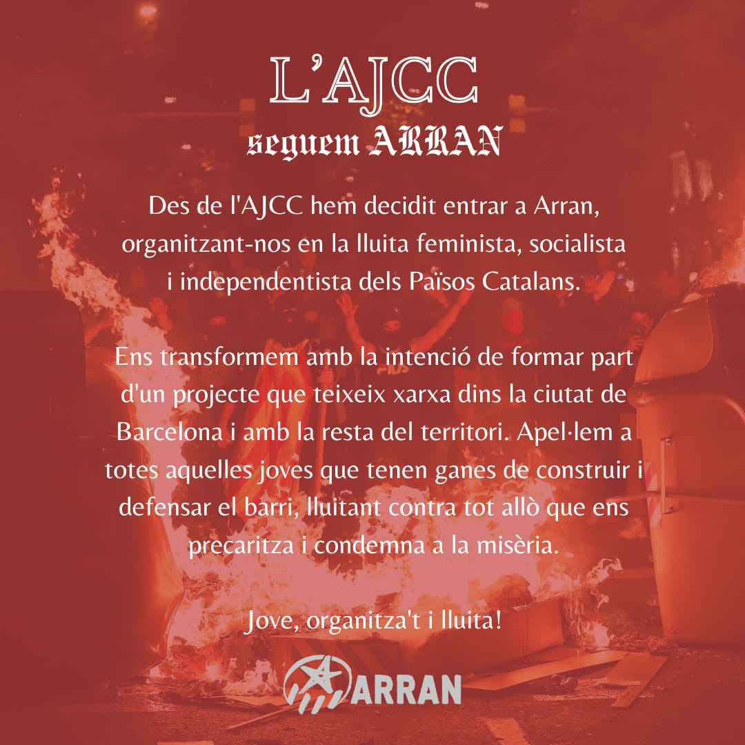 Avui l'#AJCC fa un pas endavant i anuncia que es converteix en assemblea local d'@arran_jovent al #Clot-#CampDelArpa. 

Amb energies renovades, l'Esquerra Independentista seguim avançant! ✊ #Independència #Socialisme #Feminisme
