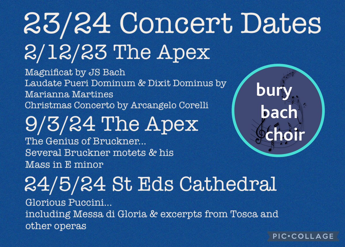 Dates for your diary. Here are the dates and details for our 23/24 season. We hope you can join us for another fabulous year of music, 
#burybachchoir #burystedmunds #westsuffolk #yourlocalclassicalchoir #newseason #concertdates #datesforyourdiary #westsuffolkevents