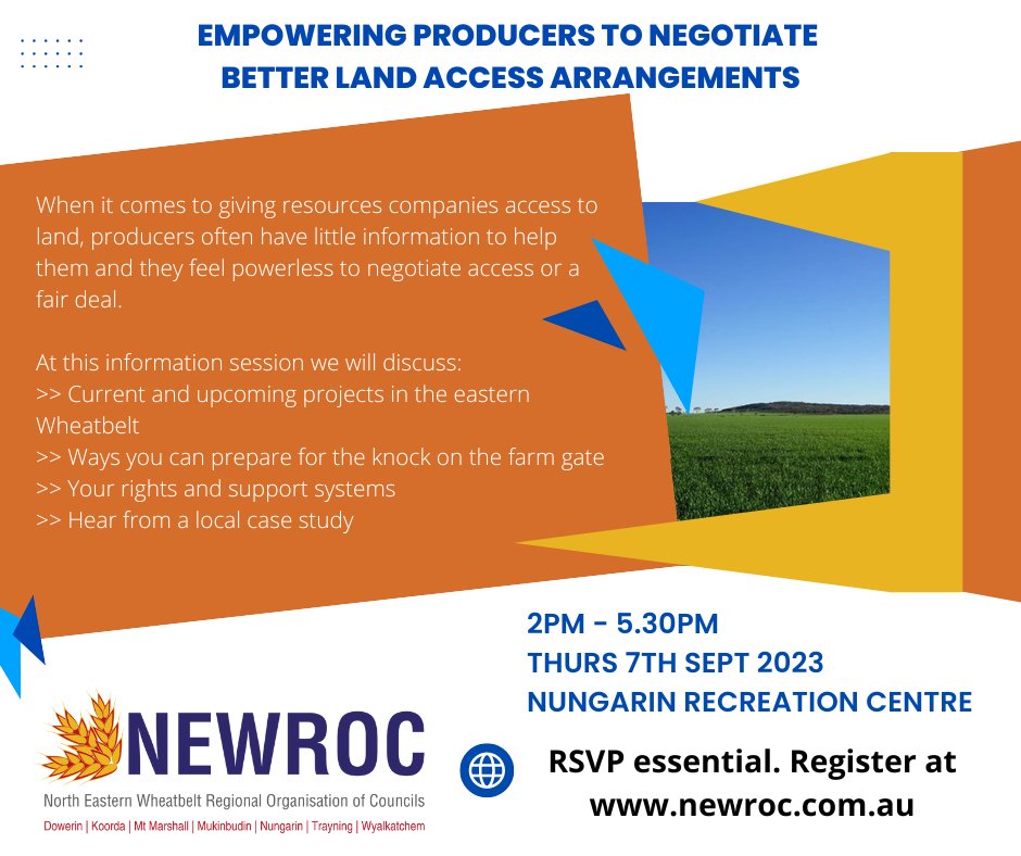 This information session is to help landowners navigate interest from energy and mining projects in #wheatbelt communities newroc.com.au