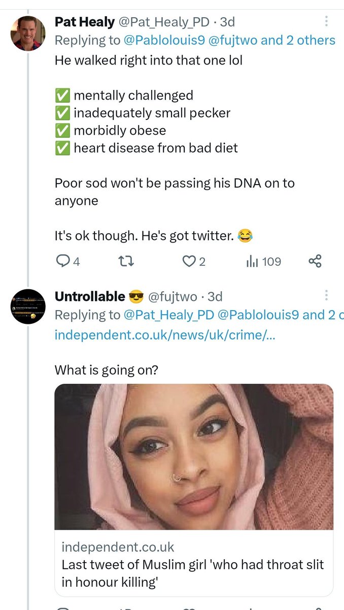 <a href="/fujtwo/">Untrollable 😎</a> <a href="/Pablolouis9/">VegAnimal🌐Rights</a> Seek help

Normal people don't get enjoyment out of young girls being murdered (just because they're of a particular religion), and obsessing over a medieval practice of young brides

I always thought you were a weirdo, but now I'm beginning to think you're an actual danger