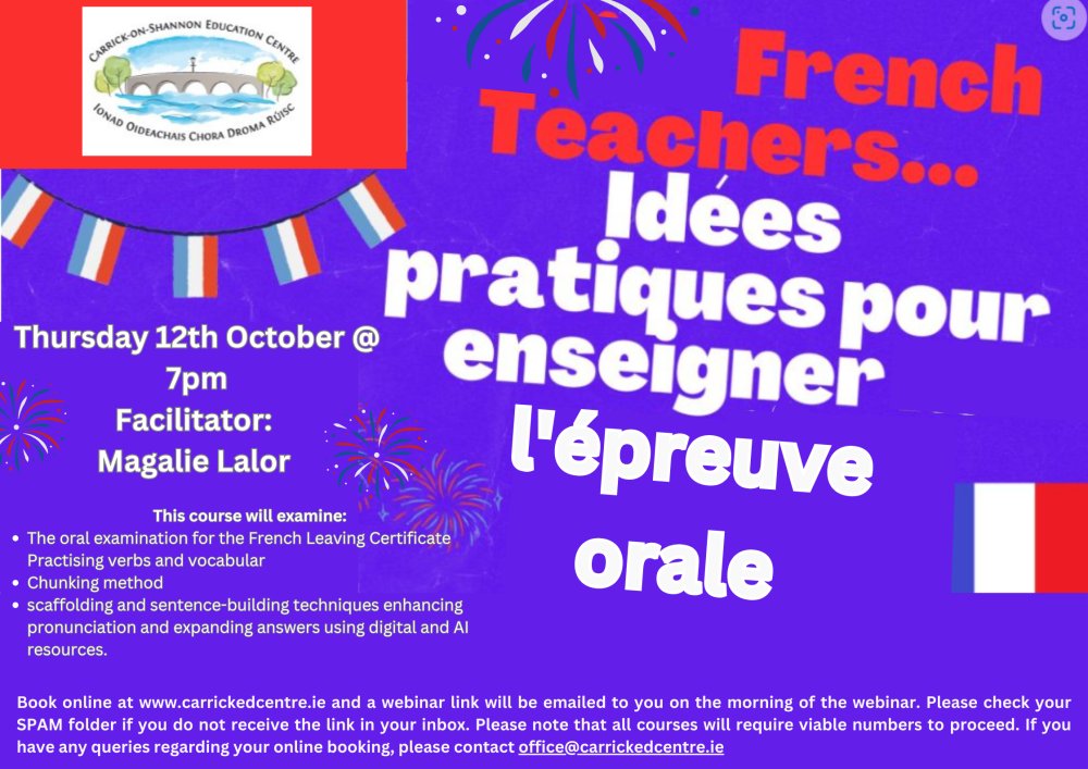 Maggieinthewood's tweet photo. 😊Au plaisir de partager des idées d'enseignement lors de ces 3 wébinaires X 2 sur la question d'opinion, le récit et l'oral:💡👩🏫 https://t.co/V7vdTUDwwh
https://t.co/fWjegae0DR
#FLE_IE @languages_ie #FR_teachers_ie @ftaire @AIPLF_Ireland #FR_teachers_ie #PPLICommunityofPractice https://t.co/D73NVtSaKW
