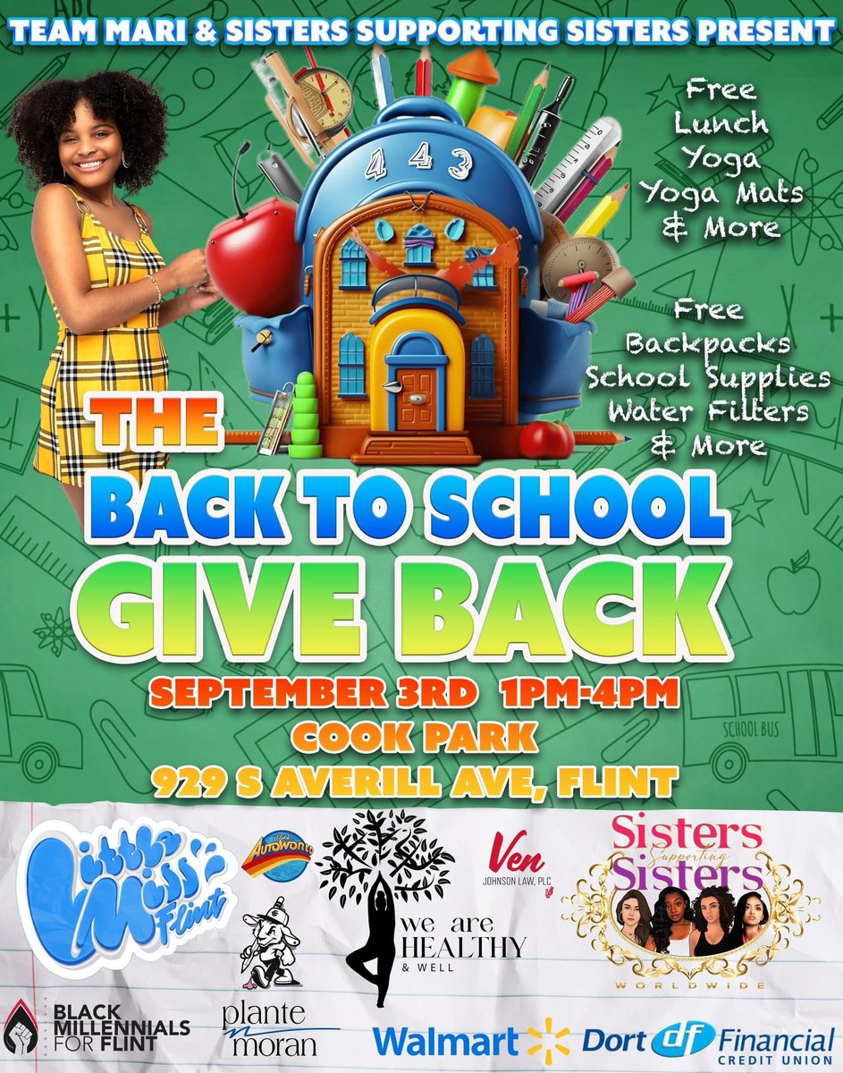 _EMoon_'s tweet photo. Free backpacks and school supplies today y’all!! Bring the babies out to cook park @ 1pm for our free event!! #FlintKids https://t.co/NranP3W7cT