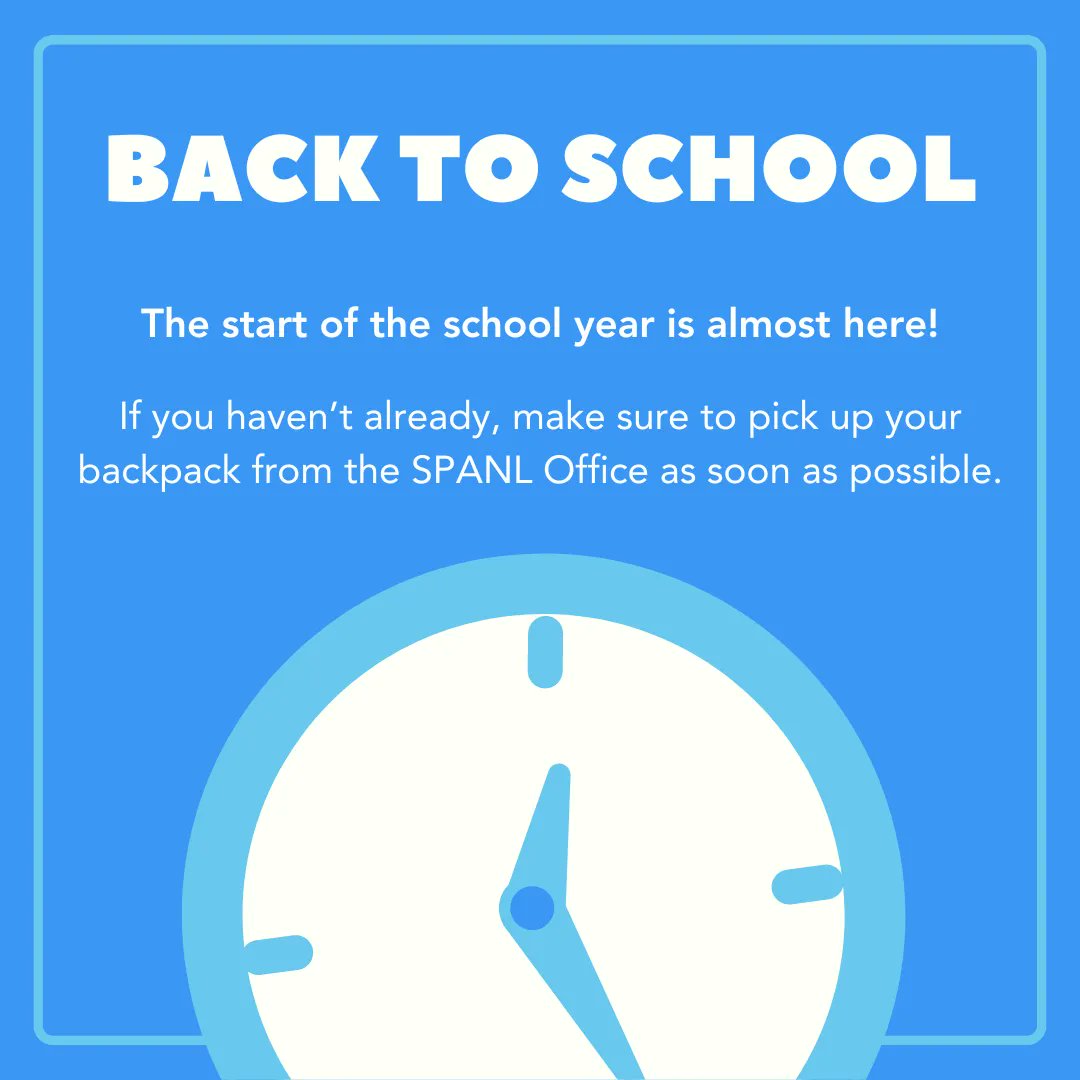 There are only a few days left until the new school year begins, so make sure to get your backpacks if you haven't already! 🎒 

Local parents who've registered for Back to School can pick up their backpacks up at the SPANL Office from 9:00 - 4:30 PM on Tuesday, September 5th.