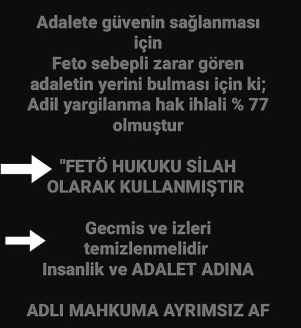YüzüncüYıl CumhuriyetAffı

<a href="/yilmaztunc/">Yılmaz TUNÇ</a> 
<a href="/RTErdogan/">Recep Tayyip Erdoğan</a> 
<a href="/TBMMresmi/">TBMM</a> 
<a href="/AYMBASKANLIGI/">Anayasa Mahkemesi</a> 

Fetö'nün Adaletsiz Kararları Hala Geçerliyken!

%77 Adil Yargılanmamışken 

Sanki Adalet Varmış Gibi ‼️
Herkes Haklı Cezasını Çekiyormuş Gibi

Hiç Kimse AF Şu'na Çıksın Bu'na Çıkmasın Demesin!