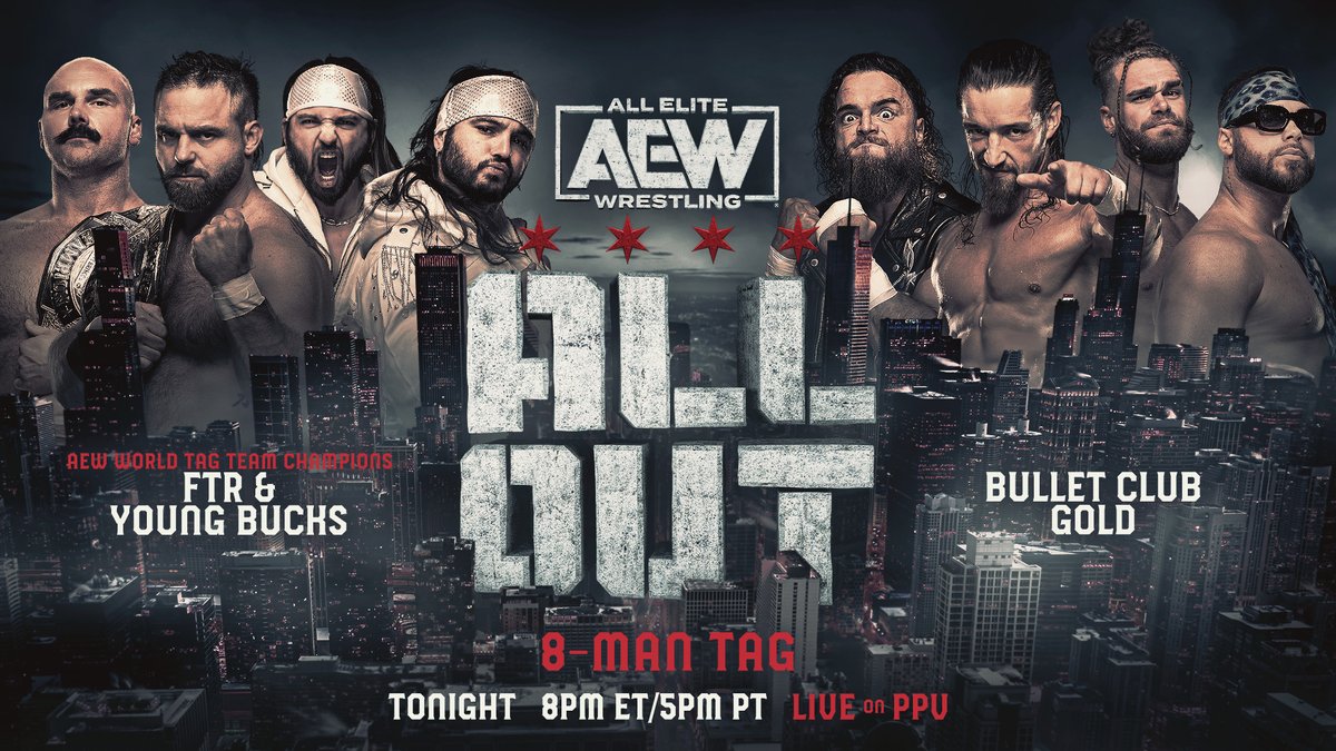 AEW's tweet photo. TONIGHT!
#AEWAllOut LIVE on PPV
@UnitedCenter, Chicago IL
#FTR (c) & #YoungBucks vs. #BulletClubGold!
#AEW World Tag-Team Champs #FTR (@DaxFTR & @CashWheelerFTR) & @YoungBucks take on @JayWhiteNZ, #JuiceRobinson, @theaustingunn & @coltengunn!
๐ https://t.co/iawFge9Cal https://t.co/EHnBlgsWvD