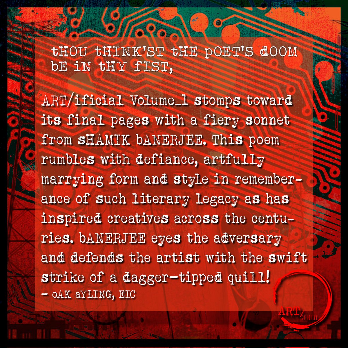 SparePartsLit's tweet photo. π‘ ART/ificial Volume _1 Contributor Spotlight
β¨ Shamik Banerjee β¨
Follow our links to Download your free copy of ART/ificial volume _1 Now!
#protestpoetry #litmag #creativewriting #protestai #writersunite #artbyhumans #antiAI #newreads https://t.co/wYvh7a1nkK