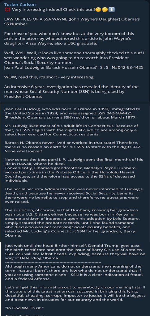 Gitmo99's tweet photo. Tucker puts out an interesting piece on how Obama obtained his fake social security ID. You will hear Trump speak on this in the future. 🇺🇸🇺🇸🇺🇸
Hang tight patriots the best is yet to come🙏🏼

#HIAW https://t.co/GmMJs1qNBg