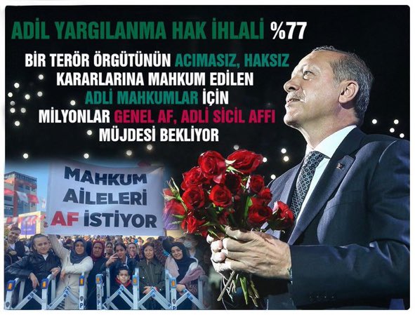 "Adil yargilanma hak ihlali % 77 " nin anlami nedir?
Geçmiş ve izleri temizlenmelidir
Toplumsal Barış adına ve İNSANLIK adina 
Gereklidir. YüzüncüYıl CumhuriyetAffı
<a href="/RTErdogan/">Recep Tayyip Erdoğan</a> <a href="/yilmaztunc/">Yılmaz TUNÇ</a>