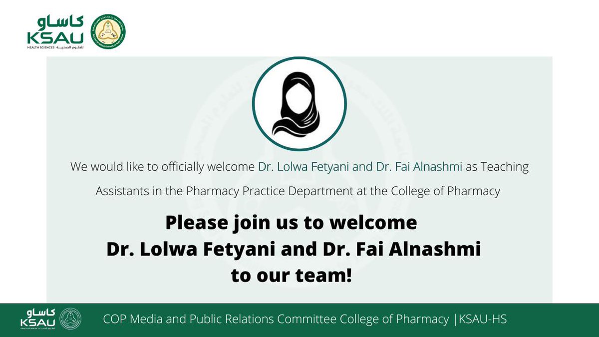 KSAU_HS_COP's tweet photo. We are glad to welcome Dr. Lolwa Fetyani and Dr. Fai Alnashmi to our COP team!  

نرحب بكل��ّ من د. #لولوة_فتياني و د. #في_النشمي كمعيدات في قسم ممارسة الصيدلة.

د. لولوة و د. فيّ خريجات برنامج دكتور صيدلة بتقدير ممتاز  من جامعة #كاساو عام ٢٠٢٣ م

أهلاً بكم! 

#جامعة_لصحة_وطن https://t.co/RmMtv12btw