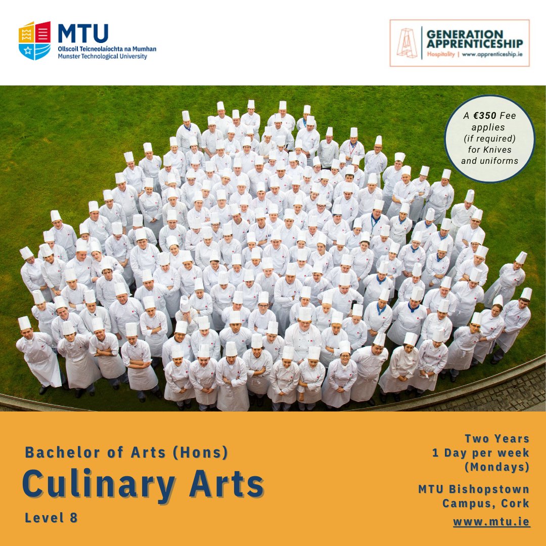 Are you a senior chef looking to attain a Level 8 Honours qualification? Now is your opportunity to gain your BA (Hons) in Culinary Arts on a parttime basis 1 day per week (Mondays) over 2 years.  Get in contact now to enquire about the last remaining spaces <a href="/MTU_ie/">Munster Technological University</a> <a href="/noelgmurray/">Noel Murray</a>