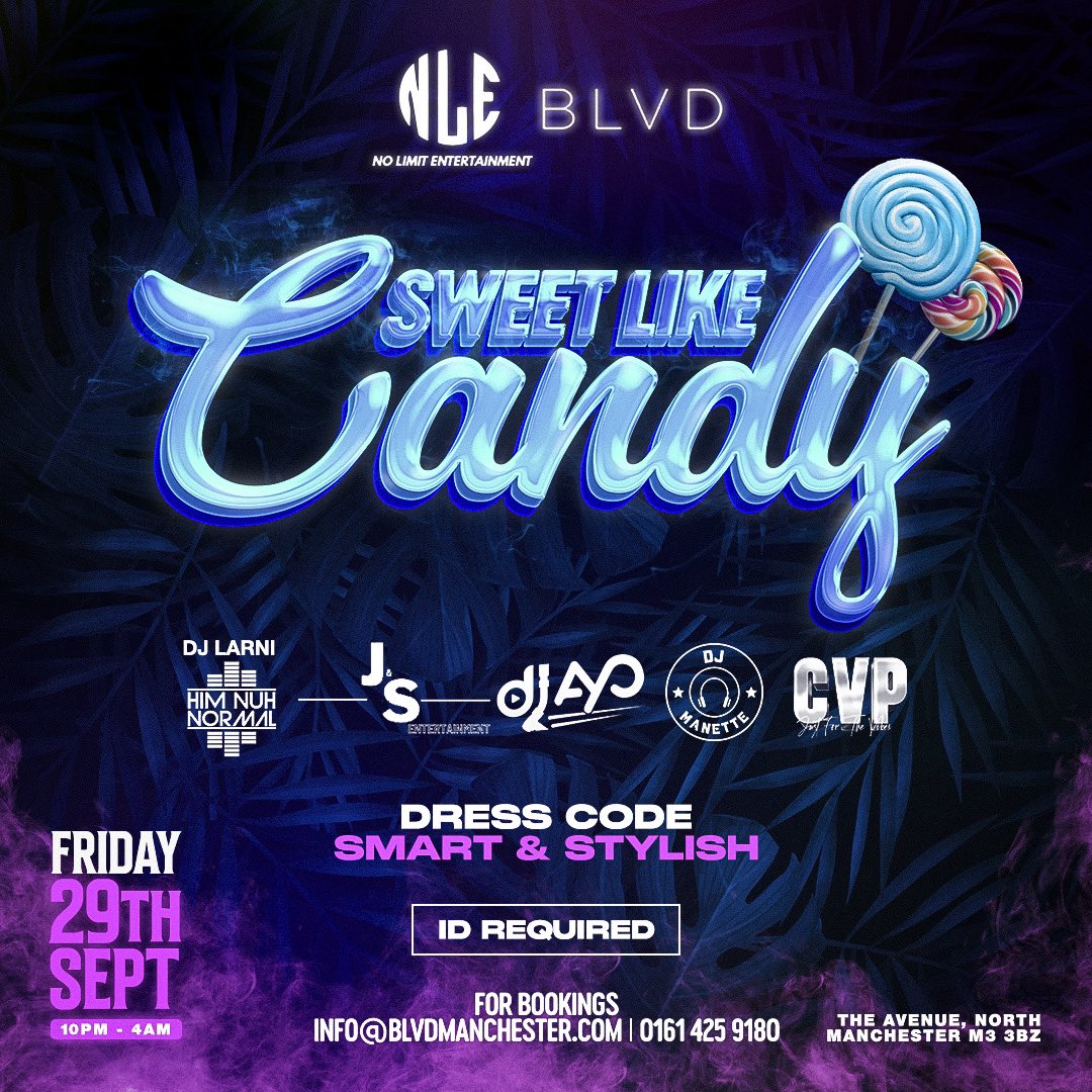 No Limit Ent (@nolimitent4) on Twitter photo We’re taking you to the Candy Shop 👀
Your Favourite Event is back with a crazy line up!
Tickets Out Now! 🍭
<a href="/DJ_Larni/">Mr HimNuhNormal</a>
@JesseTheDJ
@_DJAyo
<a href="/DJ_Manette/">DJ Manette</a>
<a href="/CharleyVanPurpz/">ÂRTΊTÄ</a>
NOLIMITENT.CO.UK We’re taking you to the Candy Shop 👀
Your Favourite Event is back with a crazy line up!
Tickets Out Now! 🍭
<a href="/DJ_Larni/">Mr HimNuhNormal</a>
@JesseTheDJ
@_DJAyo
<a href="/DJ_Manette/">DJ Manette</a>
<a href="/CharleyVanPurpz/">ÂRTΊTÄ</a>
NOLIMITENT.CO.UK