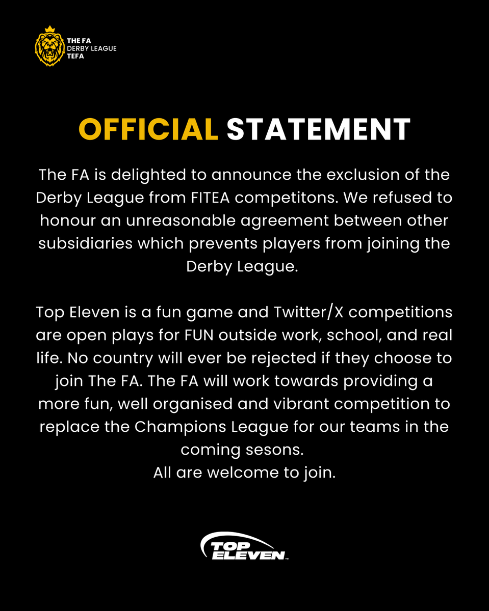 derbyleague_te's tweet photo. Following our withdrawal from FITEA... https://t.co/6D7QYOjOt5