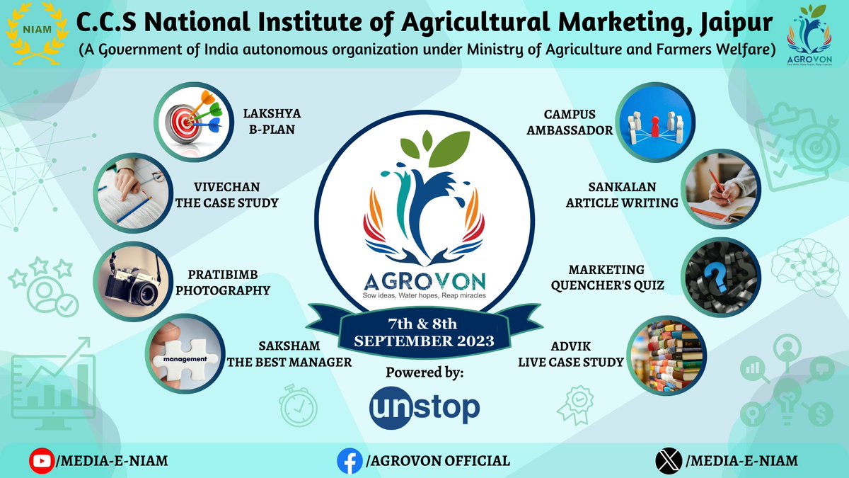 mediaeniam's tweet photo. Chaudhary Charan Singh National Institute of Agriculture Marketing welcomes you all to be part of the biggest Business Fest Agrovon 2023.

#AGROVON2023 #Bfest #Business #Sowldeas #WaterHopes #ReapMiracles #niamjaipur #pgdmabm #agribusinessmanagement #management #mbalife #mba https://t.co/t74caplnns