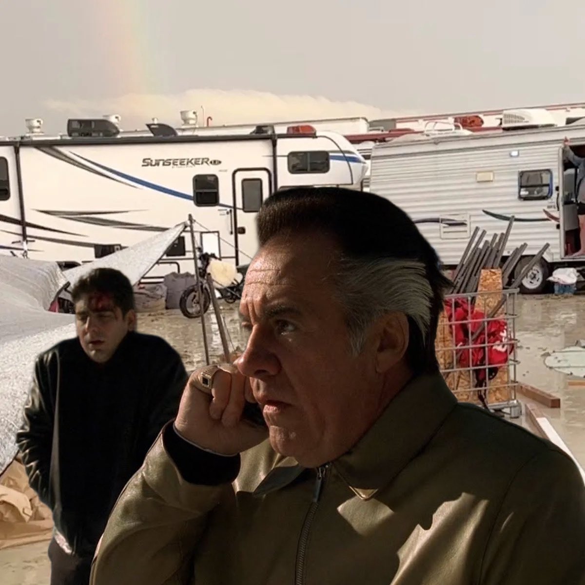 SopranosWorld's tweet photo. Yeah Tone? We’re at da Burning Man, we’re fuckin’ lost. We got no food, I lost my shoe in the mud and some of these pricks tried to eat Chrissy. I’m hearin’ about ebola outbreaks T, you gotta come get us. https://t.co/LQDEaFBwHL