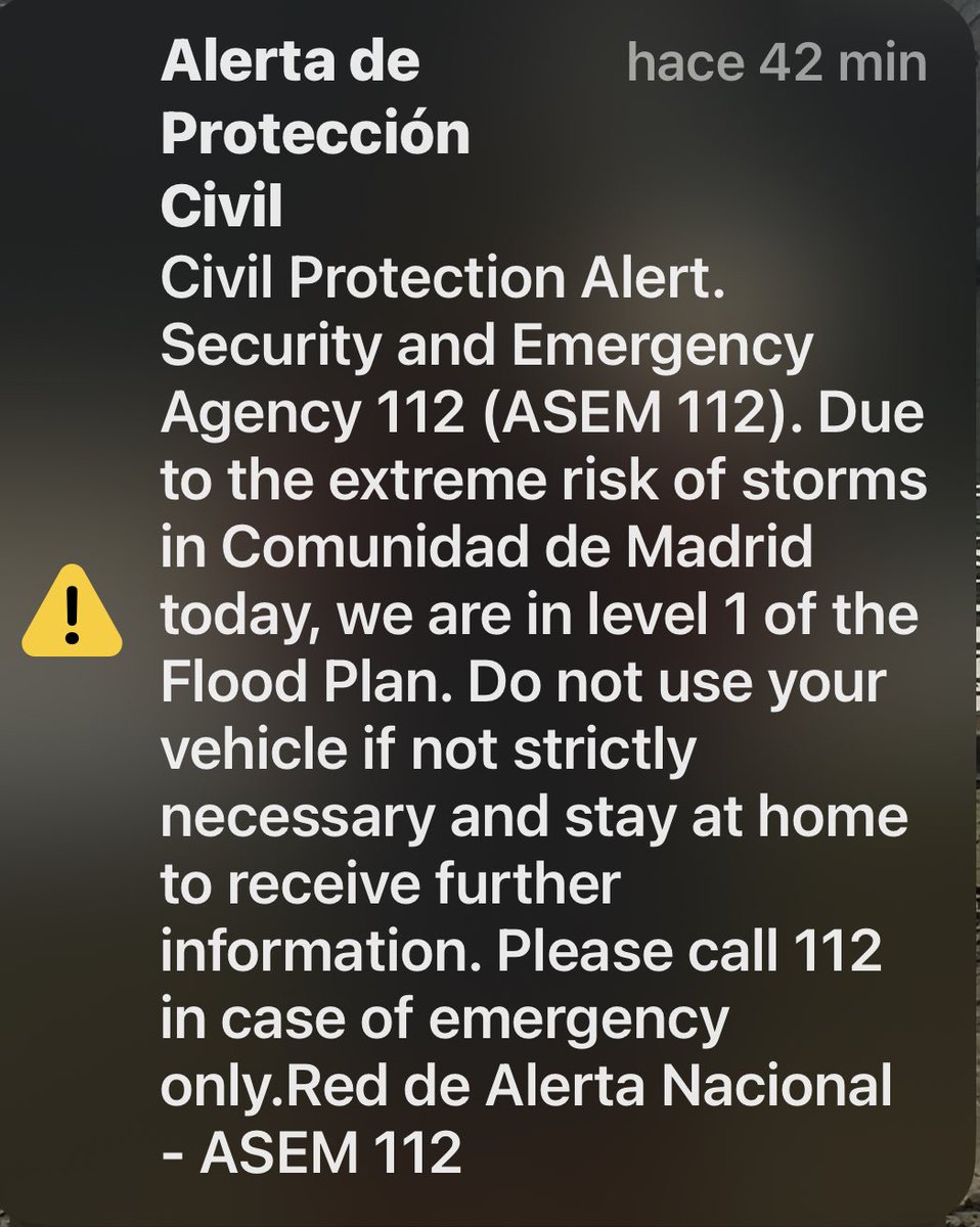 #DANA Los pelos de punta cuando ha comenzado a sonar en los móviles situados en la Comunidad de Madrid la alerta que nos han enviado por aviso de inundaciones. #Yomequedoencasa #ComunidaddeMadrid #inundaciones #alerta