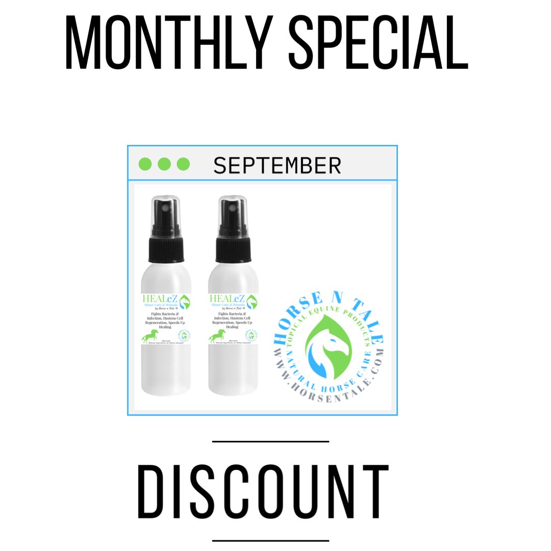 HorsenTale1's tweet photo. SEPTEMBER MONTHLY SPECIAL!!
HealEz speeds up healing for minor cuts, wounds, insect bites and bruises.
#horsentale #topicalequineproducts #naturalhorsecare #equine #horse #naturalingredients #horselife #healez #cutsandwounds #cuts #wounds #woundcare #monthlyspecial #discount https://t.co/MpXgd41xWH