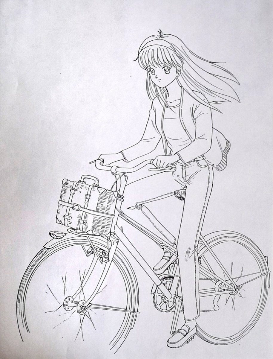 1997年頃
ときメモ仕事メイキング

アオバ以前から「自転車描いていいよ」だと、エヘヘでこうする。

自己脳内設定では
「藤崎詩織は別に自転車趣味は無く、親戚の自転車叔父さんに高校入学祝いに無理やり押し付けられた」

いや無いからそんな世界線(^_^;) 
