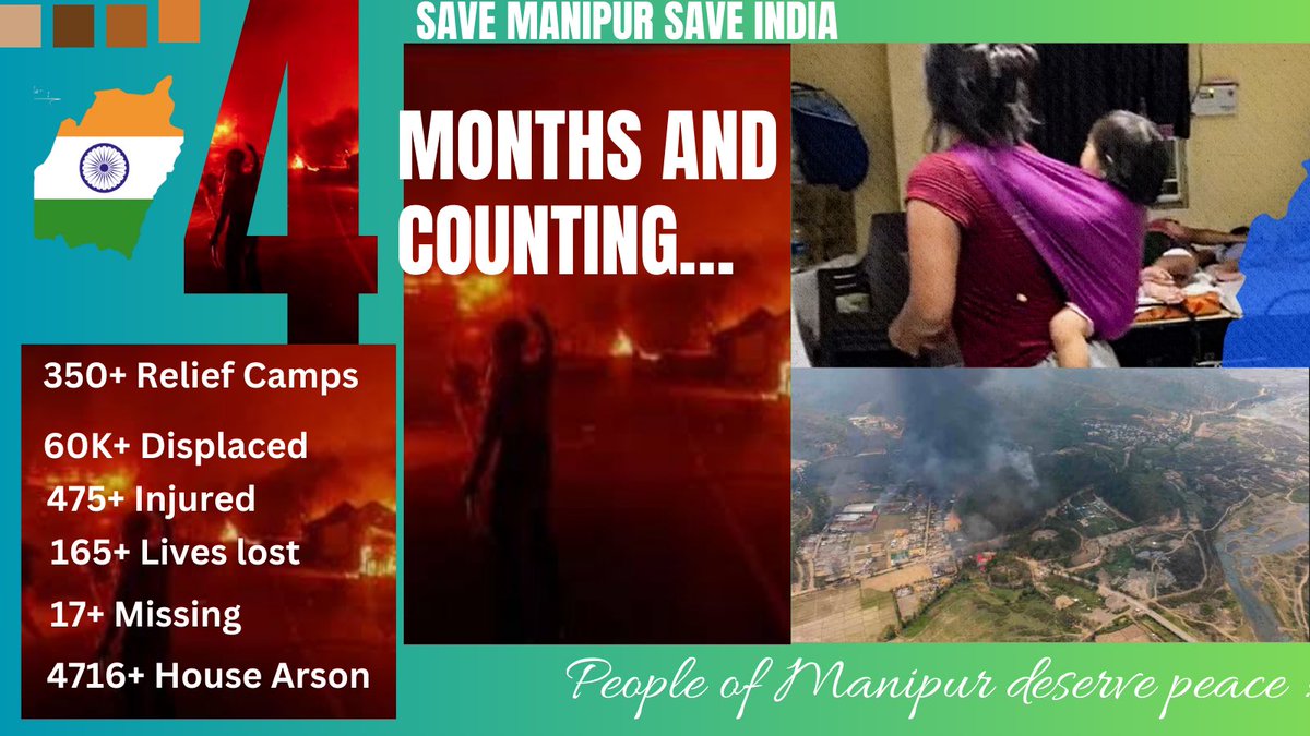 BikramjitMK's tweet photo. 🚨Manipur violence 4months &amp;counting! Perhaps it is longest running crisis in Indian history. Even Kargil war lasted only 2months. Innocent people in foothills suffered most with houses burnt properties damaged, many precious lives lost.
#Manipur4Months   #KukiStartedManipurFire https://t.co/VnRuxSCMZg