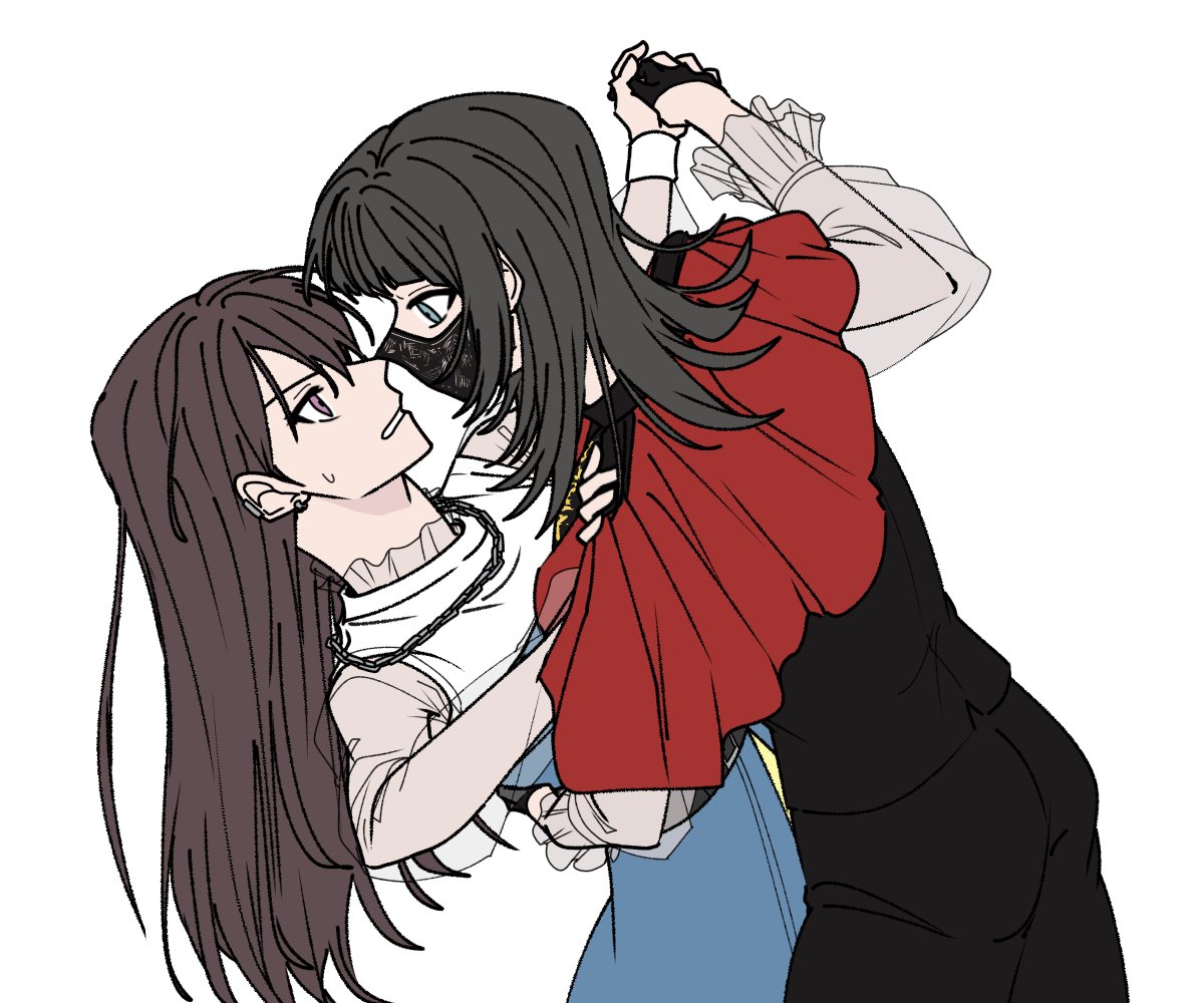 2girls multiple girls jewelry black hair earrings long hair looking at another  illustration images